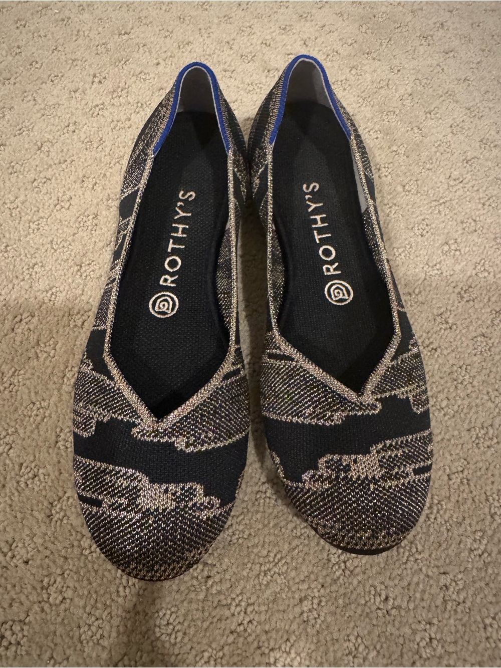 Rothy's Black Flats with Metallic Gold Knit Detail